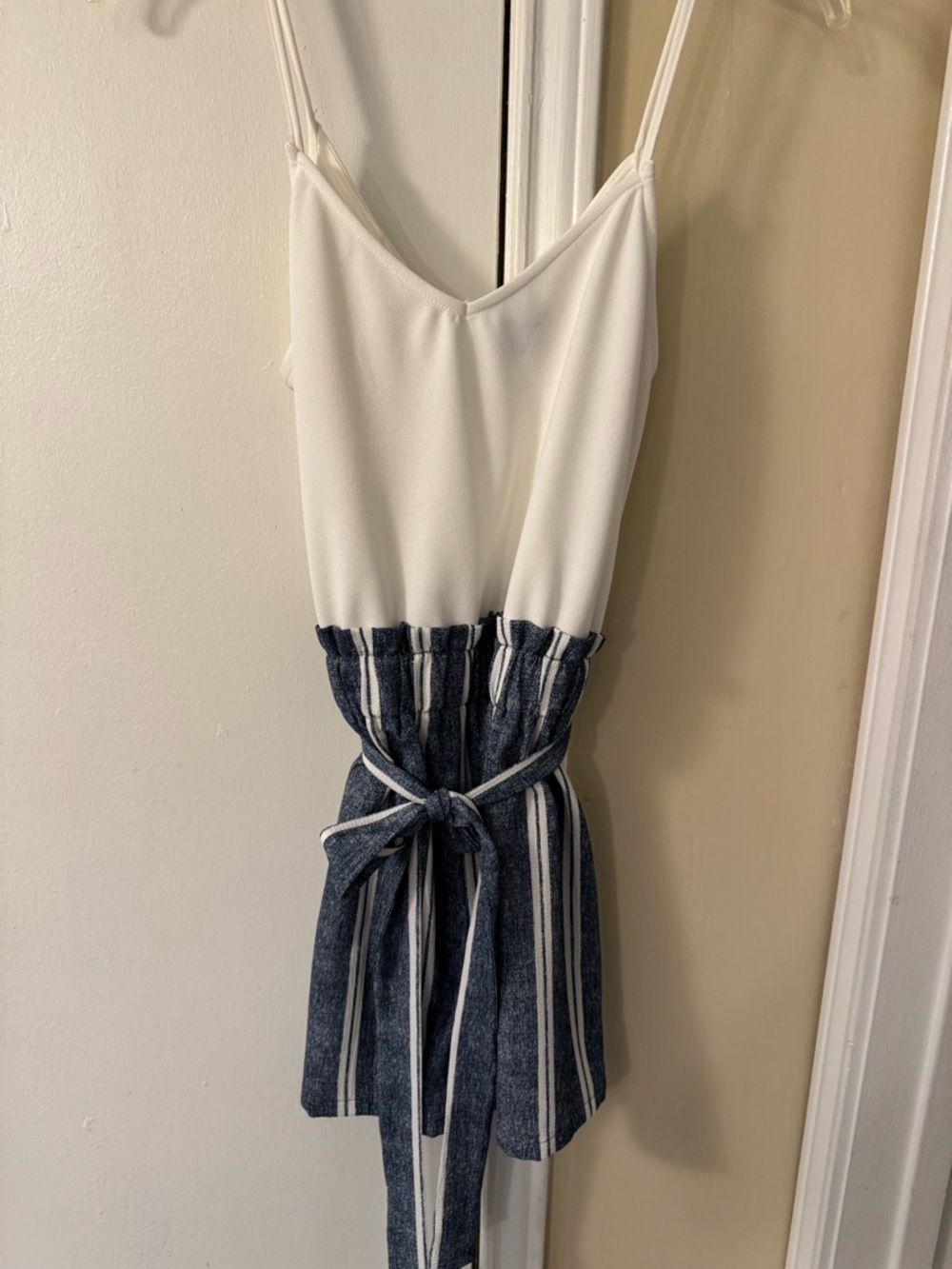 White & Navy Striped Romper